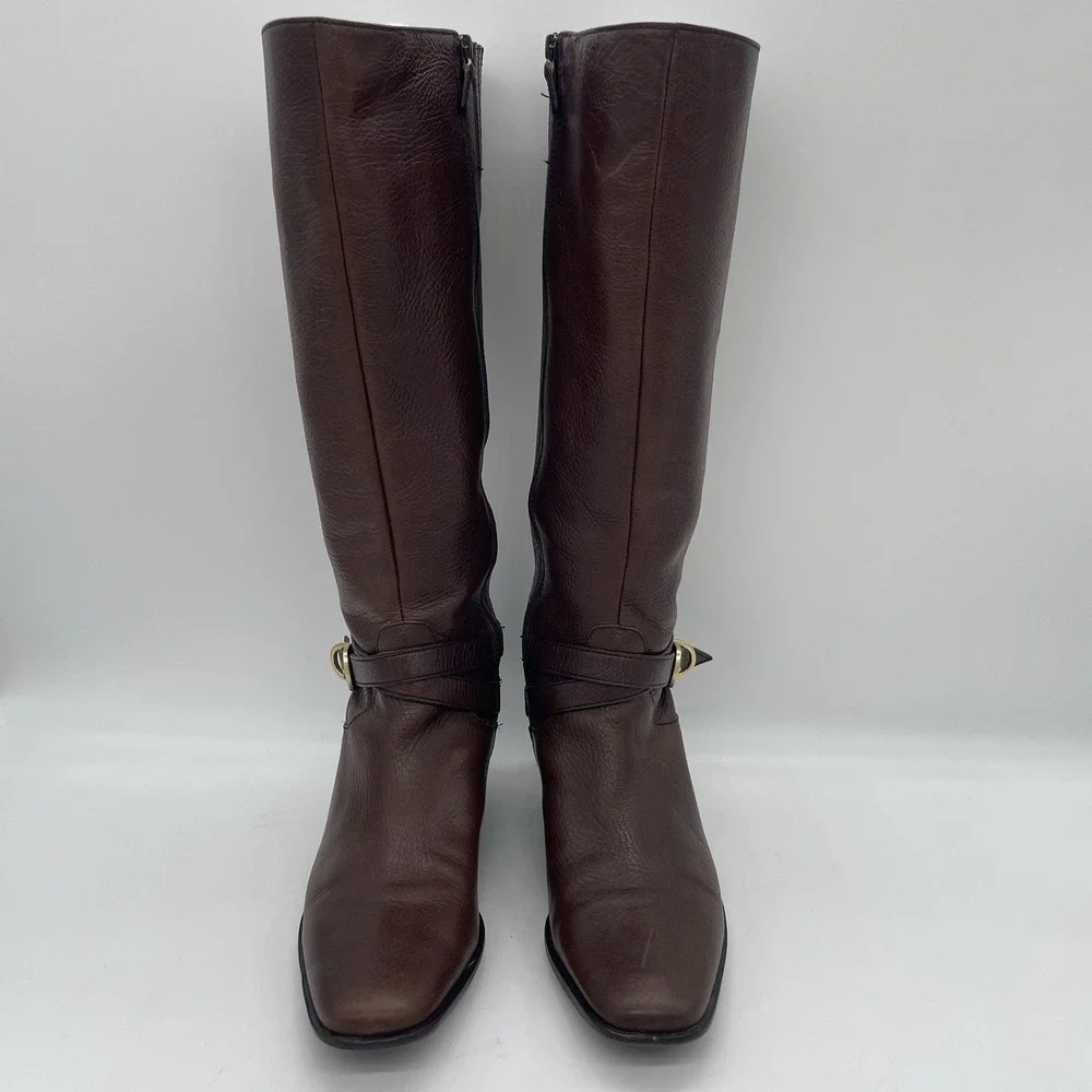 Talbots Womens 7AA Riding Boots Tall Brown Pebbled Leather Gold Buckle‎ Full Zip - Picture 3 of 16